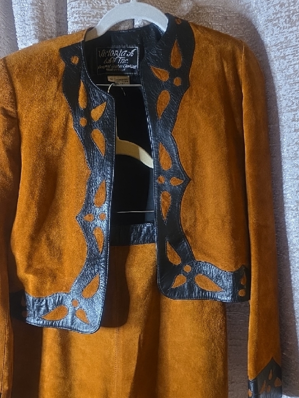 Women's Suede Blazer & Skirt Set in Rich Brown with Black Trim - Picture 4 of 12